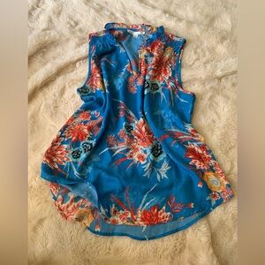 Violet & Claire Blue and Orange Sleeveless Floral Blouse
